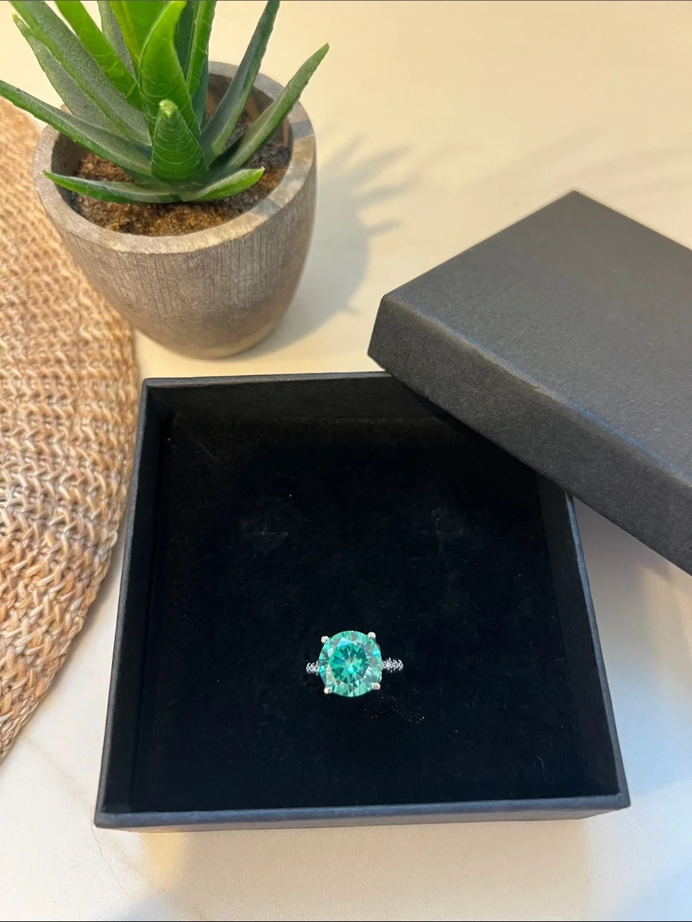 Emerald-Cut Teal Crystal Ring in Silver Setting-Size 8